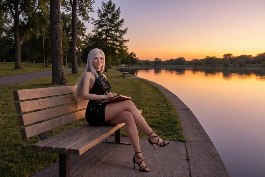 A woman on a lakeside bench at sunset