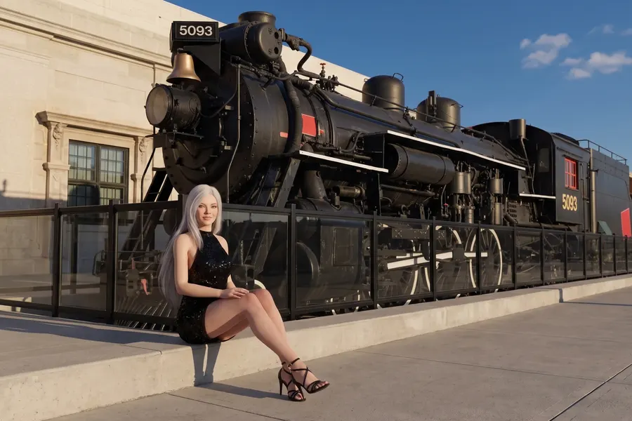 A woman beside the CPR 5093 locomotive at Casino Regina